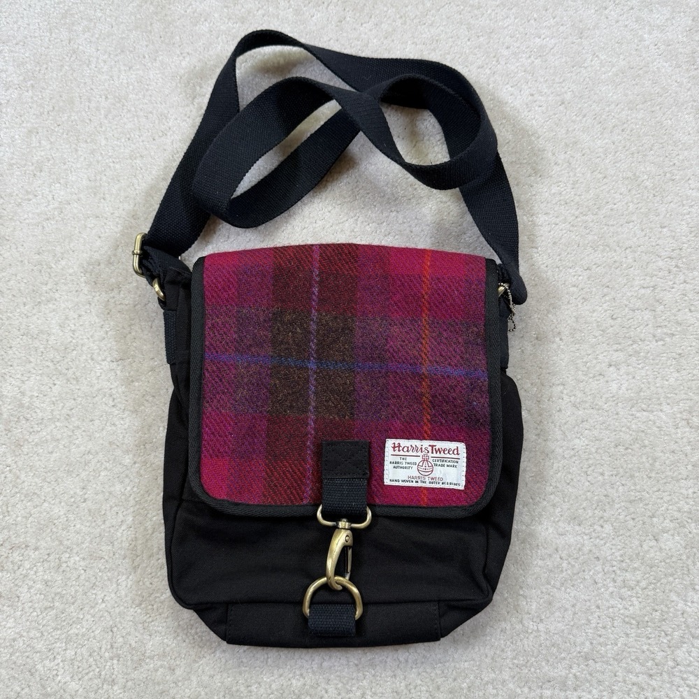 Harris Tweed Messenger Bag Small Red Plaid Tweed Black Canvas Crossbody